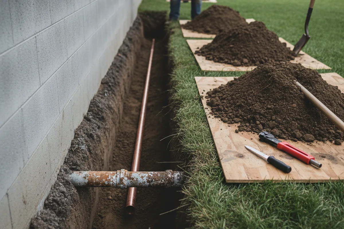 Excavated water line trench during Sewer Line Repair in Coolidge